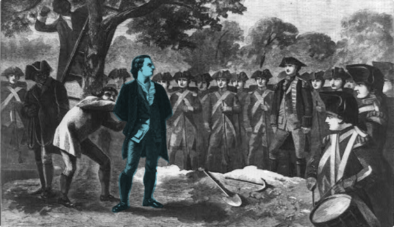 Illustration of the execution of Nathan Hale from 1776.