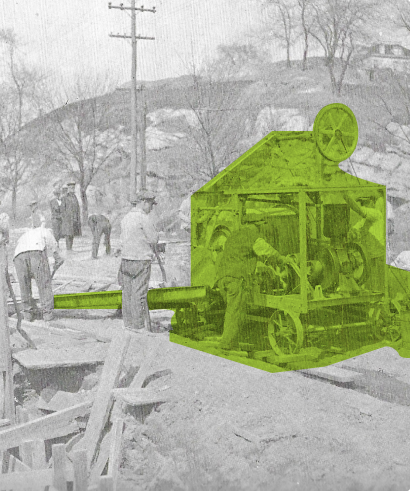 Incarcerated men with work cart in the quarry at Sing Sing in 1826.